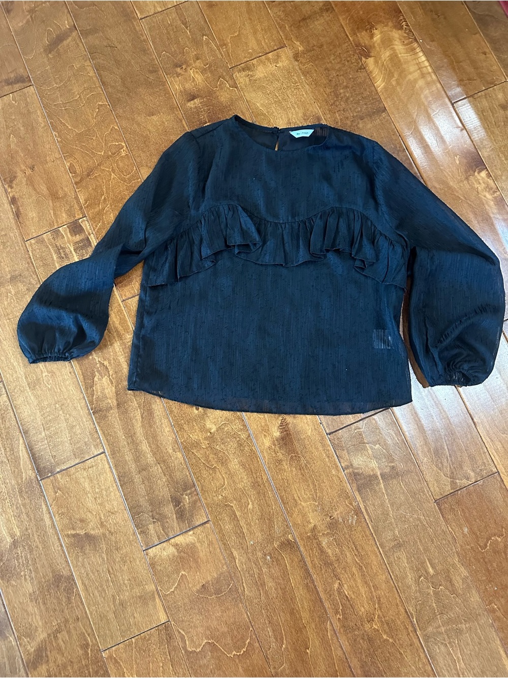 Black Ruffle Trim Long-Sleeve Blouse